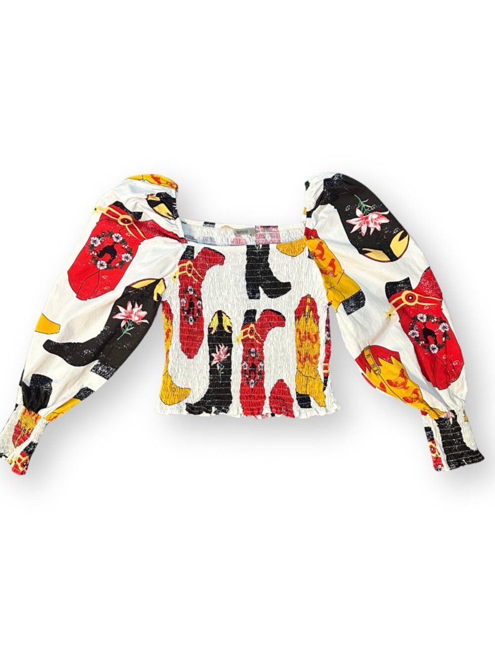 Western Print Smocked Puff Sleeve Top – Size Small
